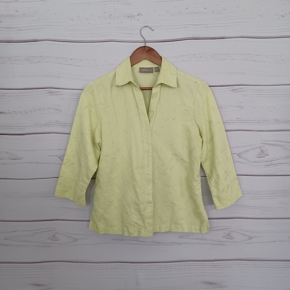Croft & Barrow Pastel Yellow Green Floral Embroidered Button Down Shirt Top